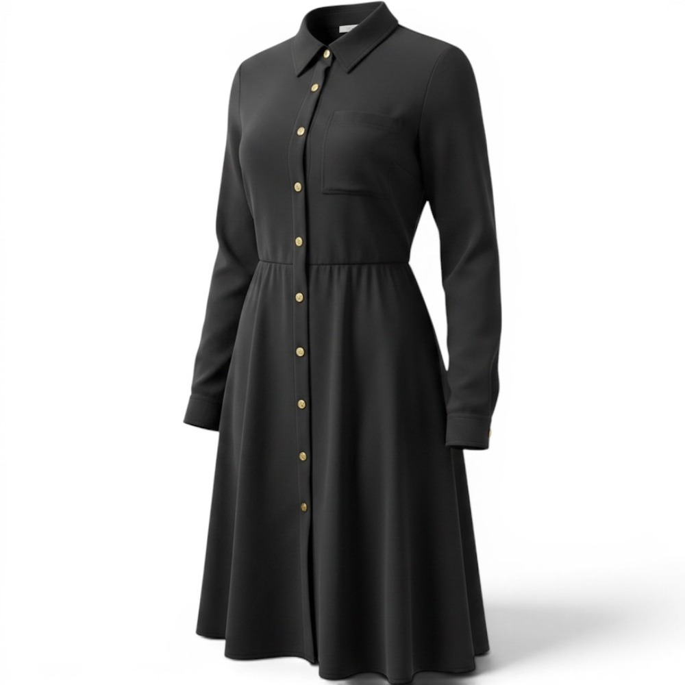 Louis Vuitton Fluid A-Line Dress Women 42 Black Collared Waist Belt Button Front